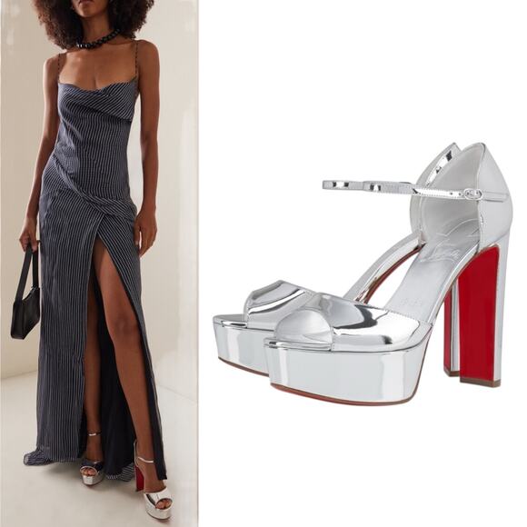 Christian Louboutin Sandaloo 130 Mirrored Platform Sandal Silve Size 38 - Picture 1 of 14